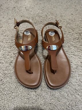 Michael Kors Tan/Brown Leather T-Strap Logo Sandals